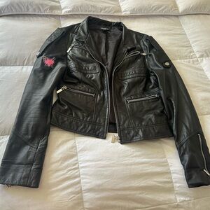 bebe Black Leather Jacket with Pink Heart Accent